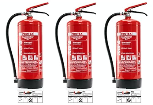 PROTEX – 3 Pulver-Feuerlöscher – Protex Pulverfeuerlöscher – 6 kg - für die Brandklassen ABC – Zertifiziert nach DIN EN 3 und CE – je 9,5 kg – mit praktischer Halterung – mit Prüfplakette - Made in EU