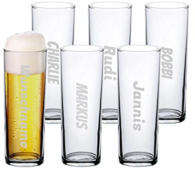 LUXENTU Kölschglas mit Gravur, Name vertikal, 0,2 l, 6 Stück | Personalisierte Kölner Stange mit Eichung, Geschenk zum Geburtstag oder Jubiläum für Bier-Fans, Spülmaschinenfest