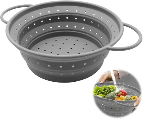 WYYFXY® Sieb Faltbar Silikon, Nudelsieb Faltbar 33cm Abtropfsieb Silikon Groß Pasta Strainer Spülmaschinenfest für Abtropfen von Nudeln, Obst, Gemüse (Grau)