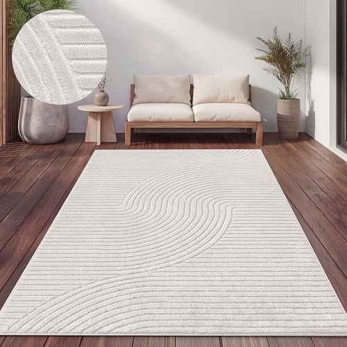 Paco Home Teppich Outdoor Wetterfest, Moderne abstrakte Boho Designs mit 3D Struktur, Pflegeleicht, ideal für Terrasse Wohnzimmer & Küche, Farbe:Creme 2, Größe:120x160 cm
