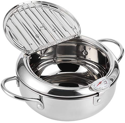 Mini-Fritteuse, 2,2 l/3,4 l Edelstahl-Frittierpfanne mit Thermometer, Öltropfenablauf und Deckel, japanische Frittiertopf-Tempura-Fritteuse für Tempura, Pommes Frites, Hühnchensteak(L 24cm)