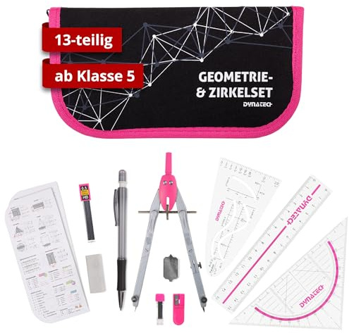 DynaTech Zirkel Set Geometrieset 13-Teilig mit Schnellverstellzirkel, Geodreieck, Parabel, Bleistift, Lineal, Spitzer und Ersatzminen im Etui pink - praktisches Mathematik-Set inkl. Federmappe