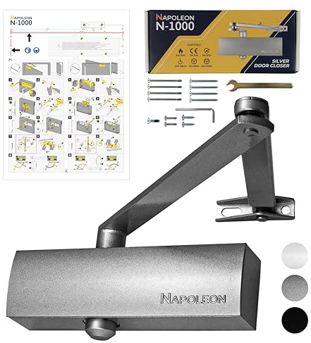 NAPOLEON N-1000 Robuster Automatischer Türschließer - Kommerziell & Residential - Türen von 20Kg bis 60Kg Größe 3 - Bohrschablone - Einfache und Schnelle Montage (Silber)