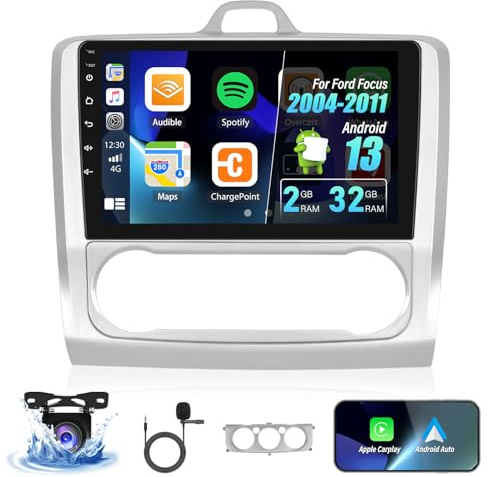Android 13 2 Din Autoradio für Ford Focus Mk2/Mk3 2004-2011 mit Carplay Android Auto 9 Zoll HDTouchscreen Autoradio mit Bildschirm Bluetooth FM RDS Radio WiFi GPS EQ Mirror Link SWC Rückfahrkamera