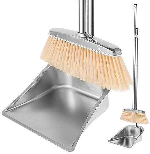 Besen und Kehrschaufel Set mit Langem Stiel 118cm Edelstahl, Einstellbar | Standbesen Kehrschaufel Set, 3-teiliger Spleißgriff, Aufhängbar, Hocheffiziente Reinigung, für Zuhause Küche Büro Straße
