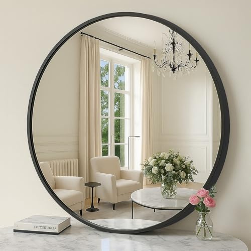 SONGMICS 61 cm d Spiegel rund, runder Spiegel, Wandspiegel, Metallrahmen, einfache Montage, modern, für Bad, Wohnzimmer, Schlafzimmer, Flur, Eingangsbereich, tintenschwarz LWM102BD03