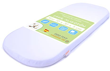 PEKITAS Ovale Kinderwagenmatratze 70x30x5 cm Atmungsaktiv Weiß | Bezug aus 100% Baumwolle,abnehmbar,waschbar,fester Komfort,hypoallergen,Baby,universal,kompatibel