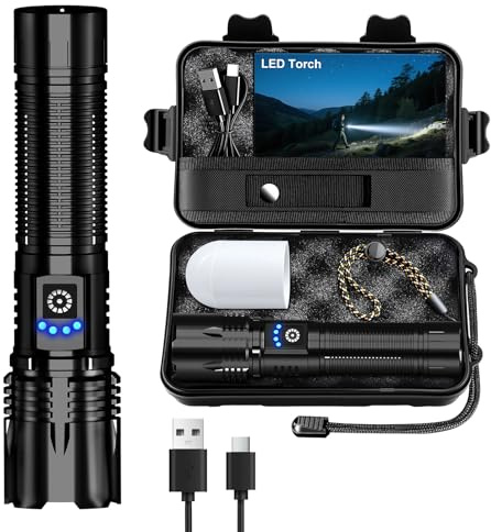 Taschenlampe LED Extrem Hell USB C Aufladbar 50000 Lumen 24 Stunden Akkulaufzeit Taschenlampen Zoombare Torch mit 5 Lichtmodi IP67 wasserdicht, Akku Flashlight Taktische für Camping Wandern Notfäll