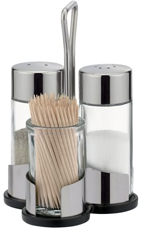 Tescoma CLUB Set mit Salzstreuer Pfefferstreuer und Zahnstocherhalter auf Edelstahlständer elegantes Tischzubehör aus Glas und Edelstahl für Küche Esstisch Gastronomie und gedeckten Tisch