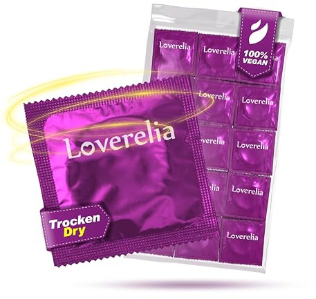 Loverelia Dry Kondome - 50 Stück | trockene unbeschichtete Kondome - ohne Gleitmittel - Naturkautschuk Latex - Vegan - 53 mm Breite - 0,07 mm Wandstärke