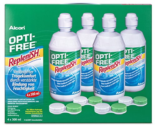 Opti-Free Replenish Kontaktlinsen-Pflegemittel | 4 x 300 ml | Reinigung, Pflege und Desinfektion von weichen Kontaktlinsen mit TearGlyde Technologie für kontinuierliche Feuchtigkeit