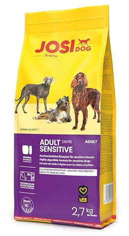 JosiDog Adult Sensitive (3 x 2,7 kg) | Adult | Premium Trockenfutter für empfindliche Hunde | besonders bekömmlich mit viel Geflügelprotein | glutenfrei | Powered by JOSERA | Hundefutter | 3er Pack