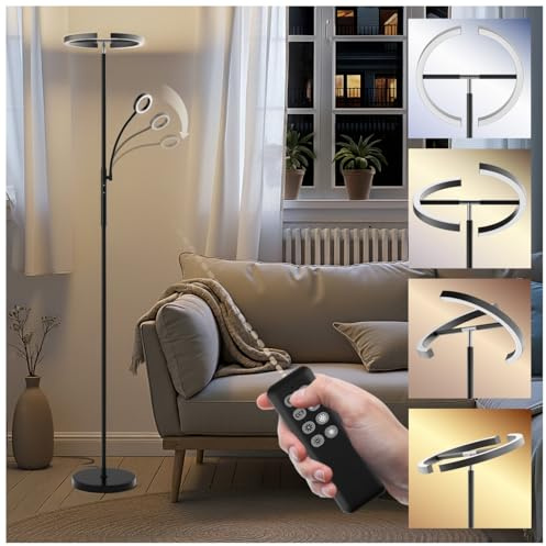 tectake® LED Deckenfluter, Stehlampe dimmbar, Bogenlampe, Stehlampe mit Leselicht, Fernbedienung, Ambient Light für Wohnzimmer, Schlafzimmer, am Bett als Leselampe oder Schreibtischlampe (schwarz)