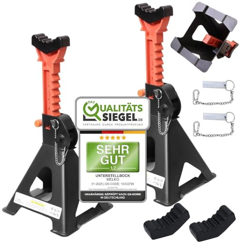Melko 3000KG Unterstellbock INKL. Sicherungssplint und 2XGummiauflagen PKW Wagenheber 3 T Tragkraft aus Gusseisen KFZ Stützböcke 9 stufig höhenverstellbar 28 – 42,5 cm - 2 Stück x 3 Tonnen