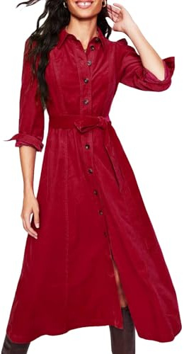 YEXPINE Damen Cord Maxikleid Langarm Cord Button Down Herbst Shirt Langes Kleid mit Gürtel
