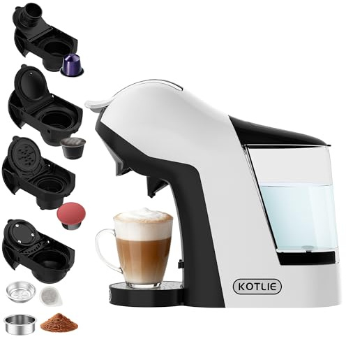 KOTLIE 5-in-1 Kaffeemaschine – Multi-Kapsel und Pulver, 3 Temp., 7 Wasserstufen,1L Wassertank (EM-308B) weiß