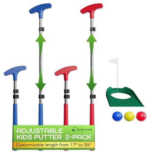 Go For It, Kinder-Golf-Putter, ausziehbarer Schaft für Junior-Golfer, verstellbare Größe für rechte/linke Hand, perfekter Trainingsschläger für Kinder, inklusive 3 Bälle, Rot und Blau, 2 Stück