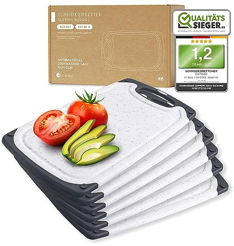 Exitoso Frühstücksbrettchen 6er Set mit Saftrille & Griff aus Kunststoff | Rutschfestes & spülmaschinenfestes Schneidebrett | Antibakterielles Brettchen Set | BPA-Frei & beidseitig verwendbar