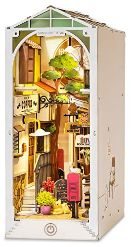 ROBOTIME DIY Book Nook Kit, Wand Hängen Miniature House, Puzzle Haus Modell Bausätze mit LED-Leuchten, Bücherregal Dekor Geschenk zum Muttertag(Sunshine Town)