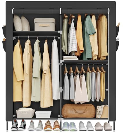 SONGMICS Kleiderschrank, Stoffschrank mit Kleiderstange, 3 Hängefächer | Für Schlafzimmer, Ablagen, Seitentaschen, groß, 45 x 127 x 180 cm, schwarz, RYLAN Kollektion RYG010BZ02