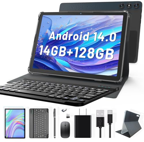 KADYBE Tablet 10 Zoll mit Tastatur Stift Maus, 4G LTE Android 14 Tablet mit SIM Karte, 14GB RAM+128GB ROM(1TB erweiterbar), Octa-Core, GMS, 13+8MP, 7000mAh, 5G WiFi, GPS, CE-Zertifiziert - Grau
