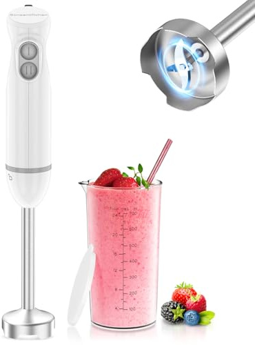 Bonsenkitchen 2-in-1 Pürierstab, 1000 W Edelstahl-Stabmixer, 2 Geschwindigkeiten, mit 700 ml Messbecher mit Deckel, für Babynahrung, Suppen, Smoothies, Pürees