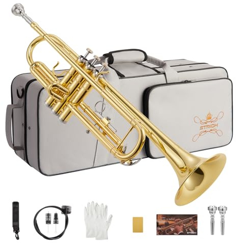STRICH Bb Standard-Trompeten-Set für Anfänger, Blechblasinstrument für Schüler mit Hartschalenkoffer, Reinigungsset, Mundstücken 7C und 3C, Handschuhen – STR-1G, Gold