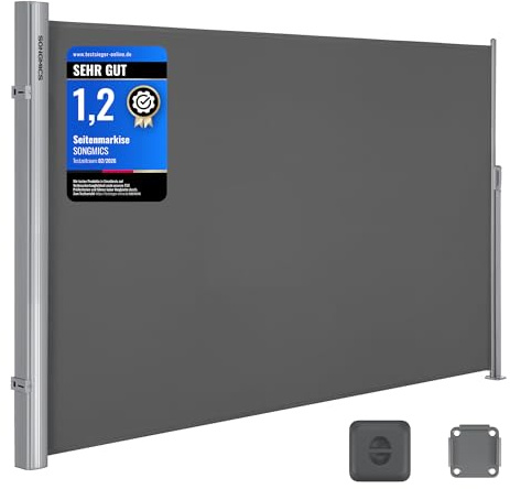 SONGMICS Alu-Seitenmarkise, ausziehbar, 200 x 300 cm, Blickdicht, Sonnenschutz, blickdicht, Seitenrollo, für Balkon, Terrasse, Garten, anthrazit GSA200G