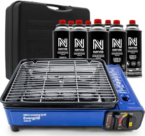 Camping Gasgrill Evergrill mit 8 Gaskartuschen (MSF-1A) | Transportkoffer, Campinggrill, Tischgrill, Butangas, Reisegrill