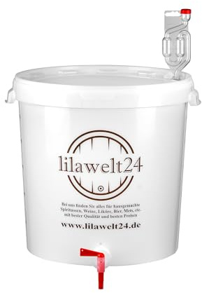 lilawelt24 Gärbehälter 30 L mit Ablasshahn und Gärröhrchen, Gäreimer für Bier und Wein, Gärfass aus lebensmittelechtem Kunststoff mit Skala