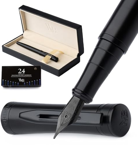 Wordsworth & Black Füllfederhalter-Set, mittlere Feder, enthält 24 Tintenpatronen, Tinten-Konverter & Geschenkbox, Kalligraphie, [Komplett Schwarz], perfekt für Männer & Frauen