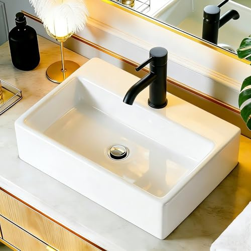 NUESTRA VIDA Eckiges Aufsatzwaschbecken Keramik Klein 40x29,5x12cm mit Hahnloch ohne Überlauf - Modernes Handwaschbecken für Gäste-WC & Badezimmer