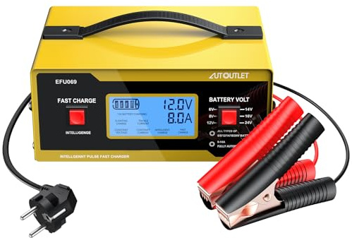 AUTOUTLET Ladegerät Autobatterie, 6/8/12/14/24V Smart vollautomatische KFZ Batterieladegerät Erhaltungsladegerät mit LCD Bildschirm, 0-14A Batterie Ladegerät für Auto Motorrad Rasenmäher Boot(Gelb)