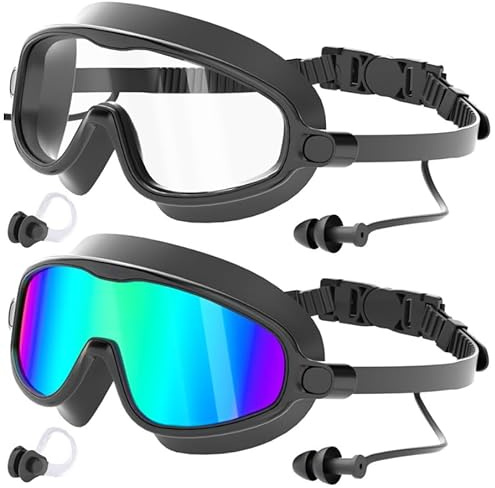 COOLOO Schwimmbrille für Herren Damen 2 Stück, Weitblick Schwimmbrille Erwachsene ohne Leckage mit Ohrstöpseln, Anti-Beschlag & Anti-UV Taucherbrille für Jugendliche