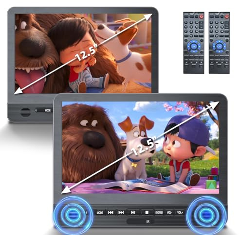 DESOBRY 12,5'' Auto DVD Player 2 Bildschrime Mit 5 Stunden wiederaufladbarer Akku, Zwei Auto-Bildschirm, Kopfstütze Fernseher Kinder TV Last Memory USB AV In/Out 12V