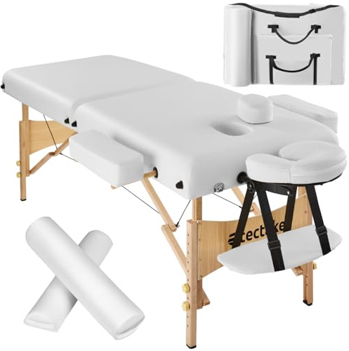tectake® Massageliege 2 Zonen, Massage Liege klappbar, Massagetisch mit 7,5cm Polsterung, Mobile Massageliege, Kopf- und Armstütze, Massagebank mit Holzfüßen, 2 Lagerrungsrollen, Tragetasche - weiß