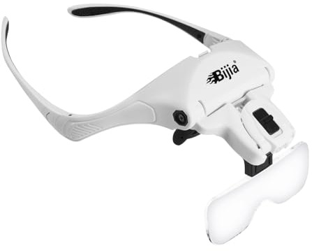 BIJIA Lupenbrille mit 2 LED Licht Hände Frei Kopfband Lupen Standlupe für Hobby, Lesen, Elektriker, Juweliere, Nähen, Reparatur, und ältere Menschen,5 Wechselobjektive(1.0X bis 3.5X)