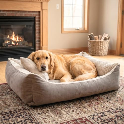 4L Textil Teo Kuscheliges Hundebett Bezug abnehmbar und waschbar Hundekorb mittelgroße Hunde Hundekissen flauschig Hundekörbchen Hundesofa (120x100 cm, Braun/Beige)