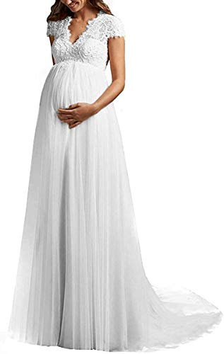 Yyoung Umstandsbrautkleid Lang Brautkleider Schwanger V Ausschnitt Spitze Hochzeitskleider Große Größen mit Schleppe