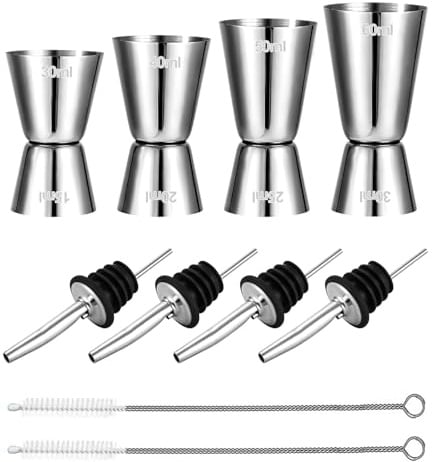 Cocktail Messbecher,Edelstahl Barmaß 3cl/4cl/5cl/6cl,cocktail zubehör | 4 Stück Dual Gin Messbecher mit 4 Flaschenausgießern & 2 Pinseln,Doppelmaß Bar Messbecher Cup Set für Bar Party Wein Drink
