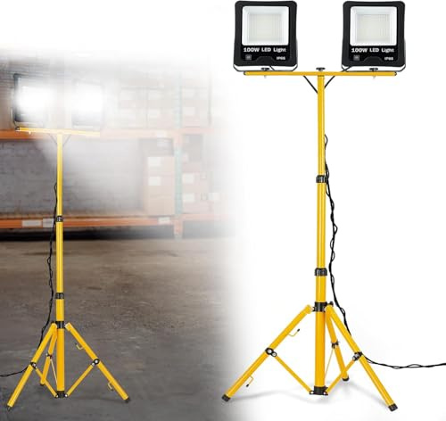 FIVMEN Baustrahler 2x100W 8500LM LED Strahler Arbeitsleuchte mit Verstellbarer Stativ und 3m Kabel Stecker Baulampe Arbeitsscheinwerfer Wasserdicht IP66 für Garage Werkstatt Baustelle, Kaltweiß