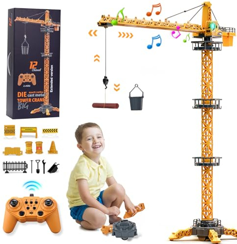 JONRRYIN Ferngesteuerte Turmkran, 12 Kanäle 2,4 Hz RC Turmdrehkran, 680 Grad Rotation Ferngesteuerte Tower Crane mit Lichter Geräusche und Verkehrsschilder Set für Kinder