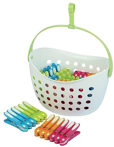 LAGUELLE - Korb mit 48 rutschhemmenden Klammern – Französisches Produkt – Korb weiß – Verschiedene Klammern (Grün, Blau, Orange, Rosa)