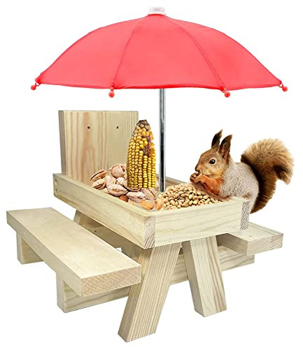 Eichhörnchen Futterhaus Wetterfest Picknicktisch Holz Mit Regenschirm Feeder Garten Maiskolbenhalter