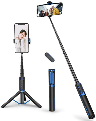 ATUMTEK Selfie Stick Stativ, 3-in-1 Ausziehbares Aluminium Handy Stativ mit kabelloser Bluetooth-Fernbedienung, Kompatibel mit iPhone 17/16/15/14/13/12 mini/11 Pro und Samsung Smartphones, Blau