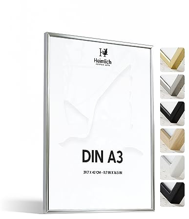 Heimlich® - Bilderrahmen - A3 29,7x42 cm, Aluminium, Silber - Kleiner Posterrahmen - Nur zur Wandmontage