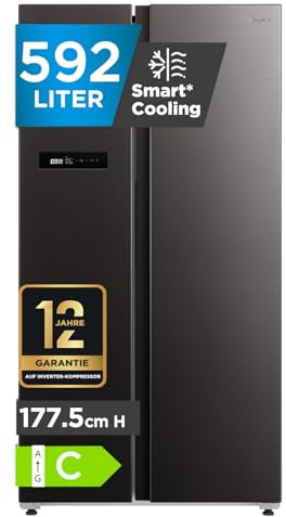 Midea MDRS791MIC28 Side-by-Side Kühl-/Gefrierkombination/No Frost/WiFi-Steuerung/Inverter Compressor/177,5 cm hoch/379 L Kühlen/213 L Gefrieren/Doppelte Steuerung/SuperCool/37dB, Jazz Schwarz