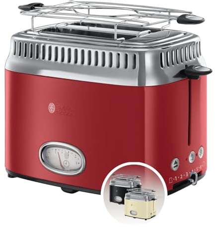 Russell Hobbs Toaster [für 2 Scheiben] Retro Edelstahl Rot (Countdown-Anzeige im Retrodesign, inkl. Brötchenaufsatz, 6 Bräunungsstufen + Auftau- & Aufwärmfunktion, 1300W) Vintage 21680-56