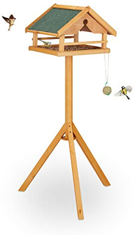 Relaxdays Vogelfutterhaus mit Ständer, groß, wetterfestes Dach, Garten, Holz Vogelhaus HBT 120 x 62 x 55 cm, Natur/grün