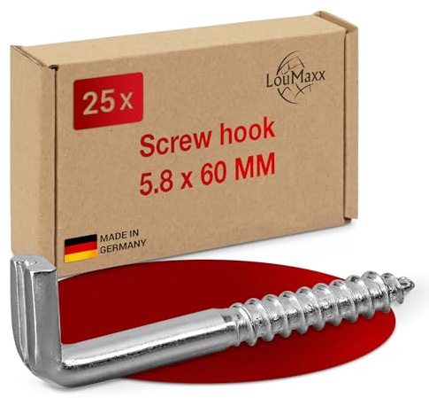 LouMaxx Schraubhaken gerade mit Schlitz 5,8x60mm - 25 Stück Hakenschrauben, verzinkter Schraubenhaken aus Stahl, Tragkraft 50kg, rostfrei für außen - zuverlässig montierbar in Holz, Beton, Gipskarton